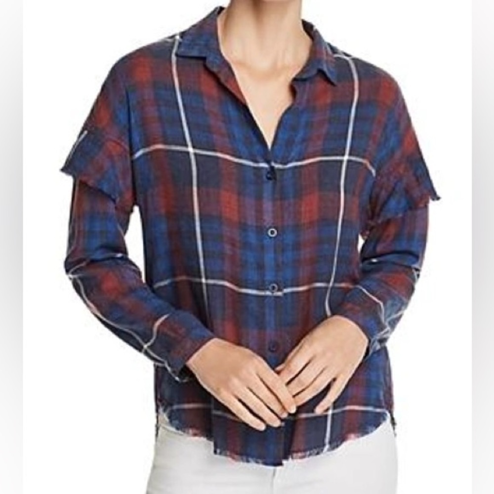 Bella Dahl Ruffled Plaid Red Blue Ruffle Sleeve Trim Shirt sz M